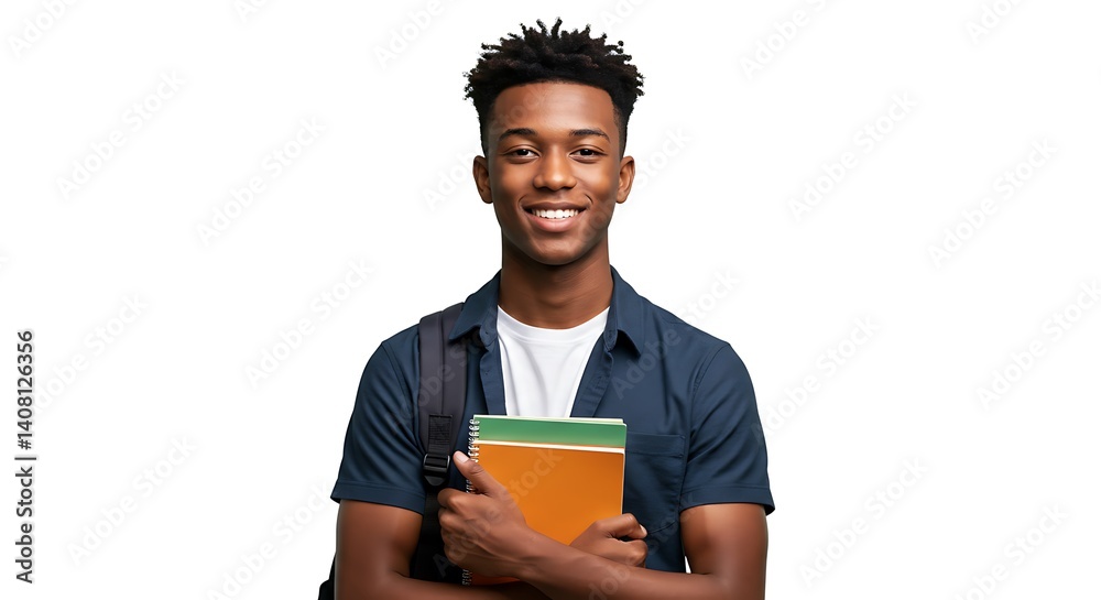 Portrait of a young student focused on learning, holding books and smiling. Perfect for education, back to school campaigns, academic success, e-learning, and youth development visuals. Portrait of a young student focused on learning, holding books and smiling. Perfect for education, back to school campaigns, academic success, e-learning, and youth development visuals.
