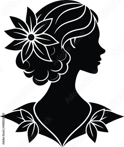 anti aging treatment silhouette icon, girl with flowers, coat of arms with wings vector, vector illustration of yoga lotus position on white background.
