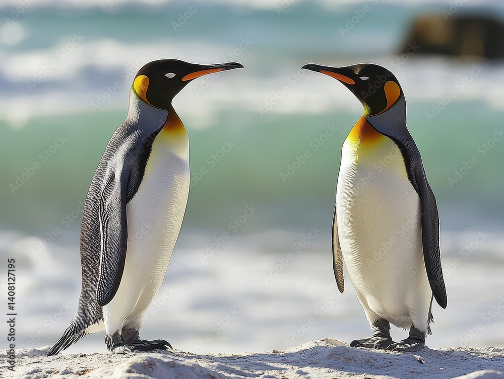 Fototapeta premium Two penguins stand on a sandy beach facing each other with ocean waves gently crashing in the background, creating a serene coastal scene.