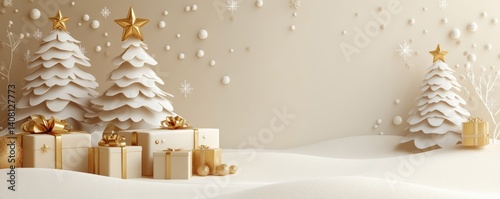 Elegant stylized trees and gifts are showcased in a beautiful gold and white Christmas setting