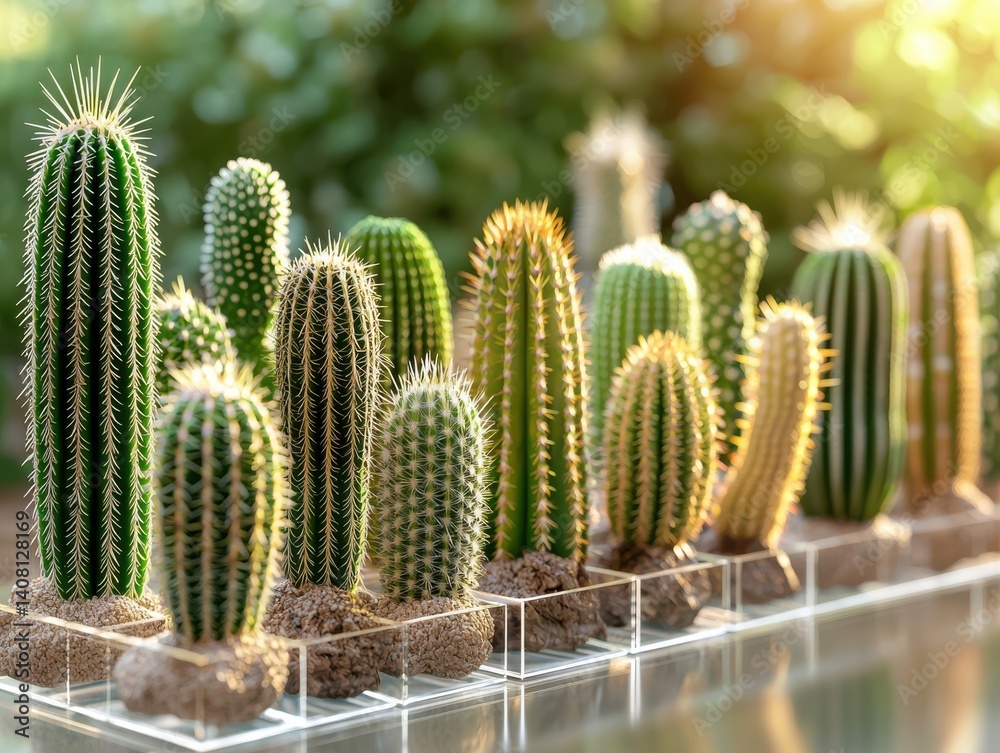 A collection of various cacti displayed in sunlight, showcasing their unique shapes and textures, set against a blurred green background.