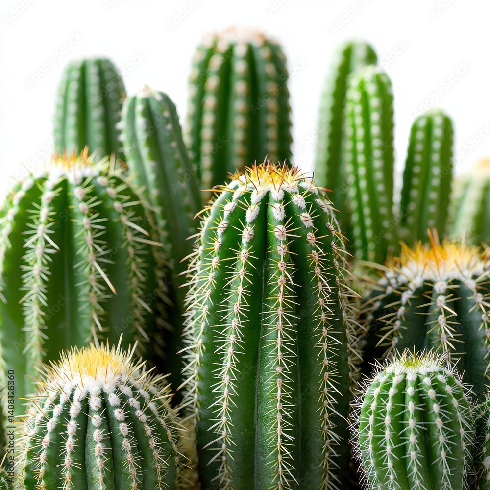 A vibrant arrangement of green cacti with spines and yellow tips, showcasing a variety of shapes and textures in a bright, minimalist setting. A vibrant arrangement of green cacti with spines and yellow tips, showcasing a variety of shapes and textures in a bright, minimalist setting.