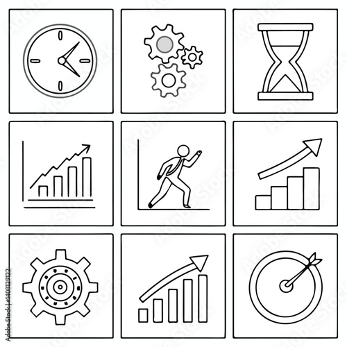 Minimalist Line Icons Representing Productivity, Growth, Time Management, and Business Progress

