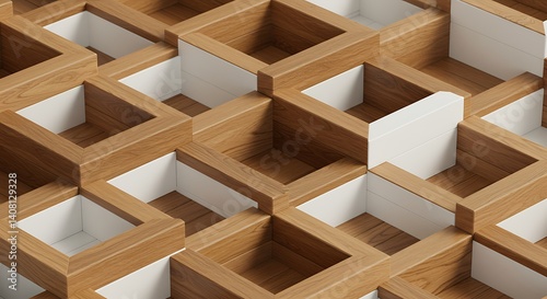 Fototapeta Naklejka Na Ścianę i Meble -  Wooden Cube Labyrinth: Light & Shadow 3D Render AI Generated