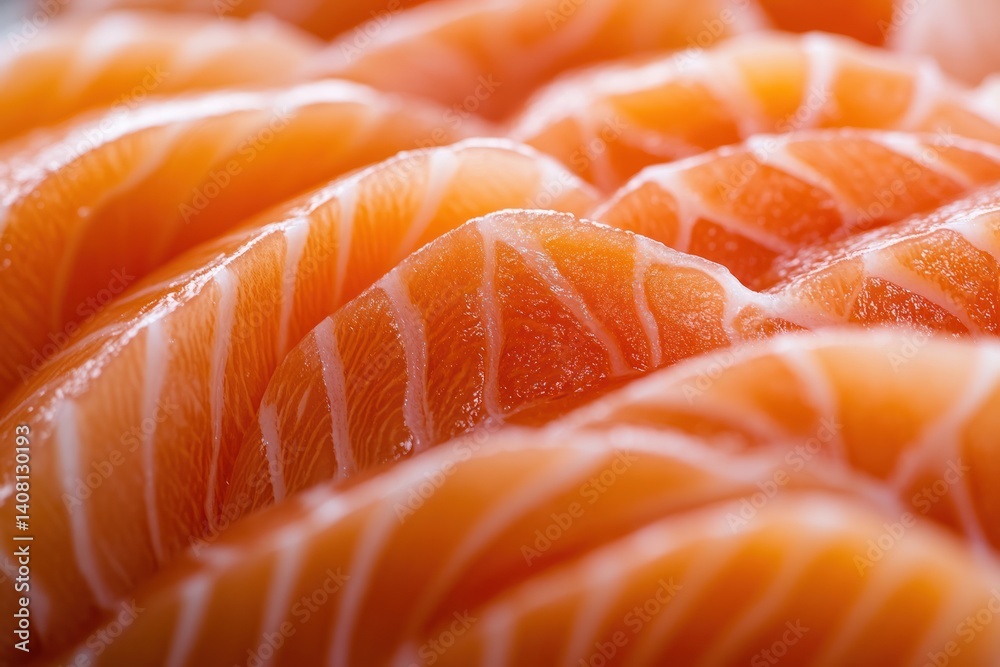 Close up of sliced raw salmon showing texture and vibrant orange color. Close up of sliced raw salmon showing texture and vibrant orange color.