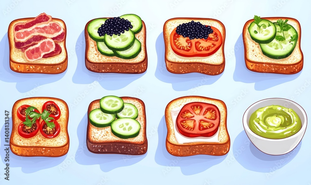 Pixel art depiction of various breakfast toppings including avocado, bacon, and caviar on toast Pixel art depiction of various breakfast toppings including avocado, bacon, and caviar on toast