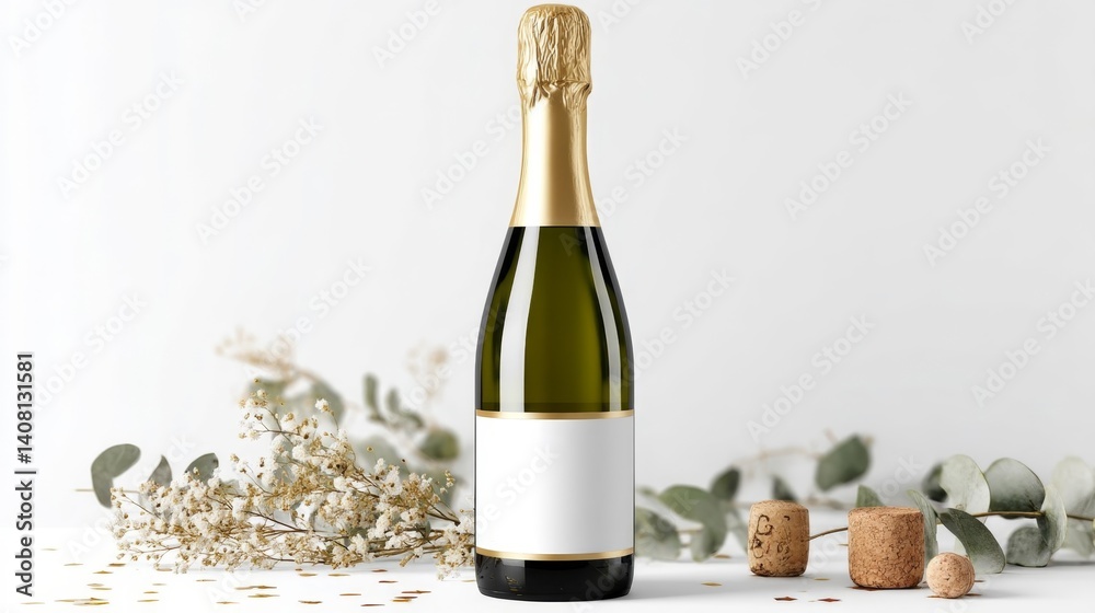 Naklejka premium Champagne bottle with blank label and corks on white background with decoration.