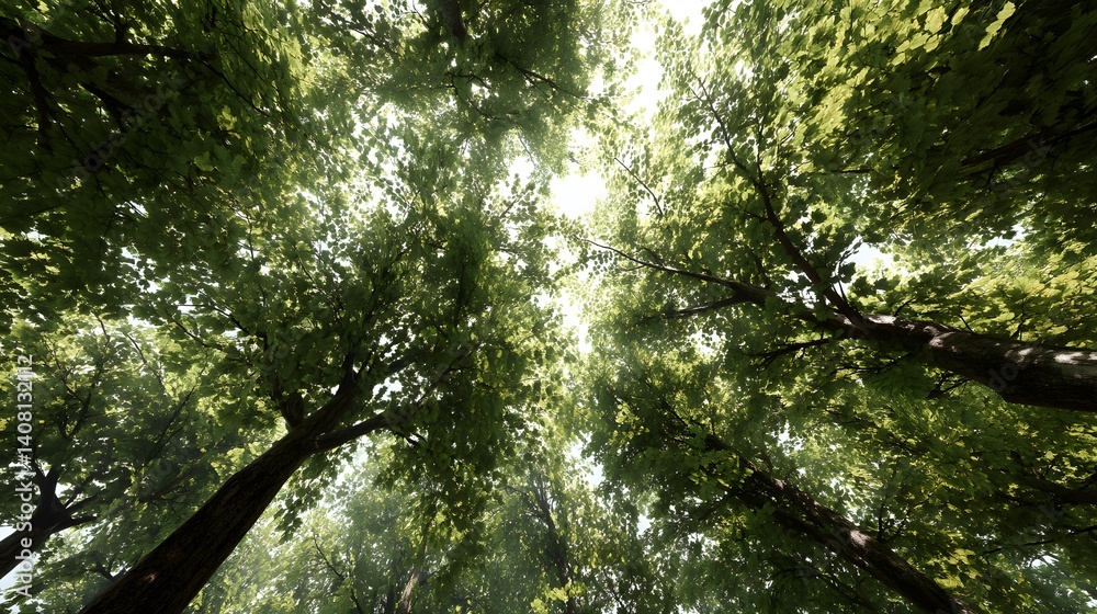Fototapeta premium Looking Up at Vibrant Green Canopies in Lush Italian Forests under Clear Skies