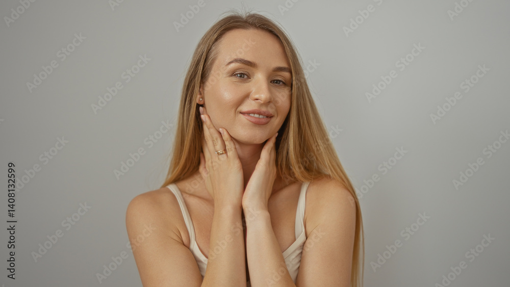 Woman posing over isolated white background with attractive blonde hair and beautiful smile, wearing casual clothing, showcasing elegance and confidence in a serene setting. Woman posing over isolated white background with attractive blonde hair and beautiful smile, wearing casual clothing, showcasing elegance and confidence in a serene setting.