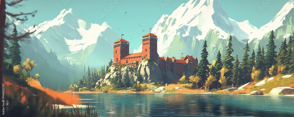Fototapeta premium In the fairytale illustration, a stone castle with a red roof stands on a green hillside, overlooking a calm river and surrounded by snowy mountains