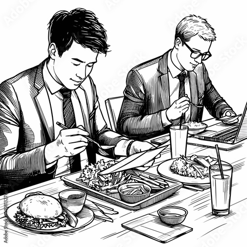 Two businessmen enjoying lunch while working in black and white  