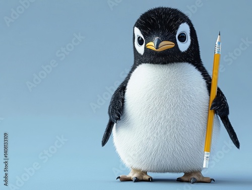 Adorable penguin with a bright yellow pencil, ready to draw or write. Cute animal, black and white fluffy bird, isolated studio shot.