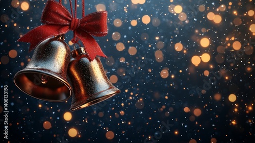 Golden bells tied with a bright red ribbon, announcing the festive arrival of Christmas, glisten against a softly blurred, warm-toned bokeh background