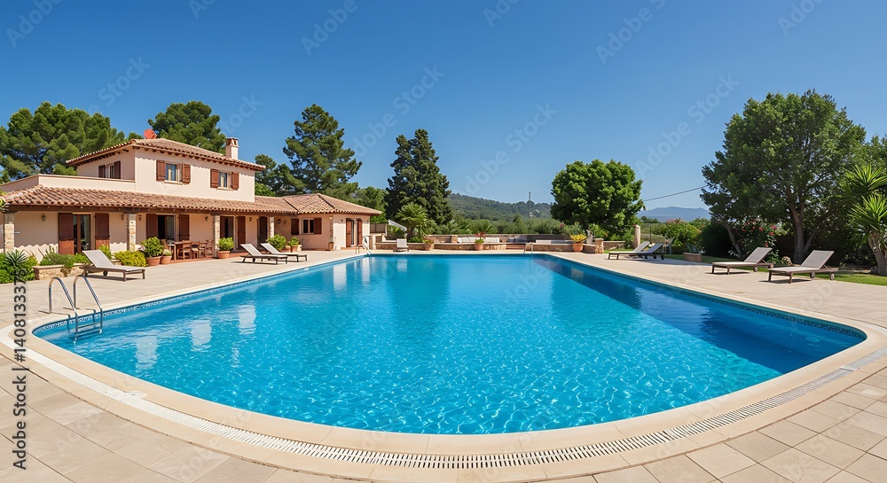 Fototapeta premium Mediterranean Villa, Sparkling Pool, Sunny Escape AI Generated