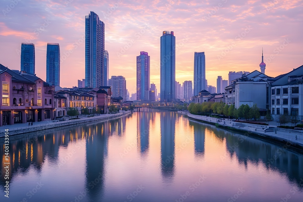 Tianjin Sunset Panorama: A Panoramic View of Tianjin City at Sunset, Featuring Modern Skyscrapers and Historic Architecture Along the Hai River Tianjin Sunset Panorama: A Panoramic View of Tianjin City at Sunset, Featuring Modern Skyscrapers and Historic Architecture Along the Hai River