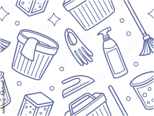 Seamless Cleaning Supplies Pattern Line Art  Broom, Spray Bottle, Bucket  Sponge Icons