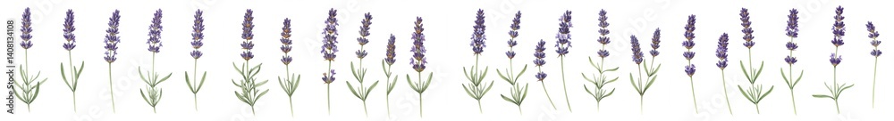Naklejka premium A multitude of delicate lavender sprigs stand gracefully against a pristine white background, showcasing their gentle purple blooms and verdant leaves.