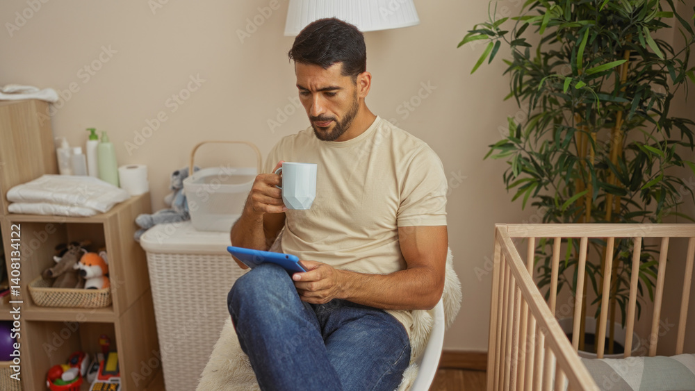 Young hispanic man with beard sipping coffee and using tablet in cozy bedroom beside baby cradle, surrounded by modern home decor and natural lighting. Young hispanic man with beard sipping coffee and using tablet in cozy bedroom beside baby cradle, surrounded by modern home decor and natural lighting.
