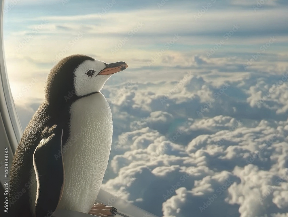 Obraz premium Penguin enjoys a flight with stunning cloud views, a heartwarming adventure in the sky, creating a unique and adorable travel moment.