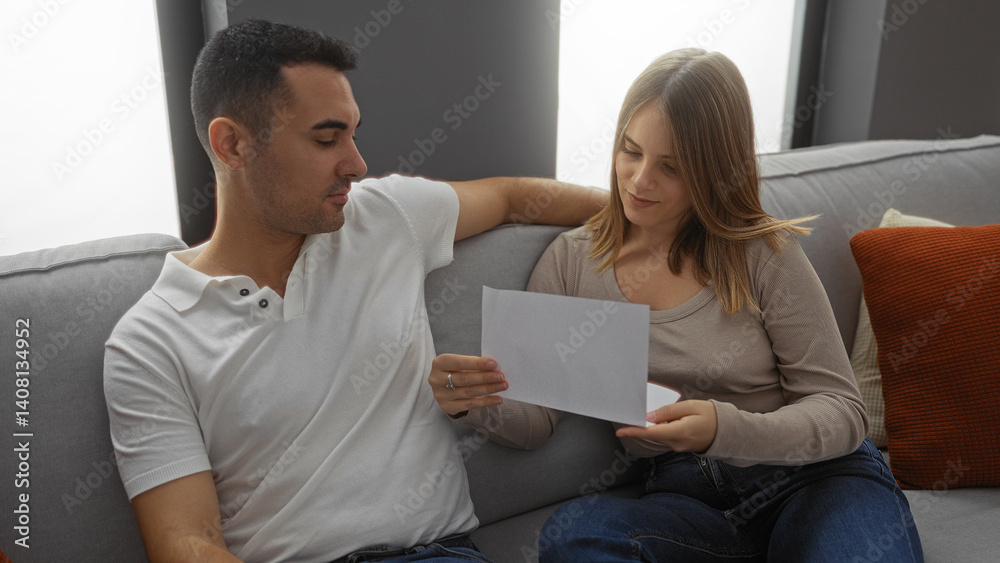 Man and woman sitting together on a couch in the living room looking at a document, depicting a cozy indoor setting with comfortable furniture and a relaxed atmosphere. Man and woman sitting together on a couch in the living room looking at a document, depicting a cozy indoor setting with comfortable furniture and a relaxed atmosphere.