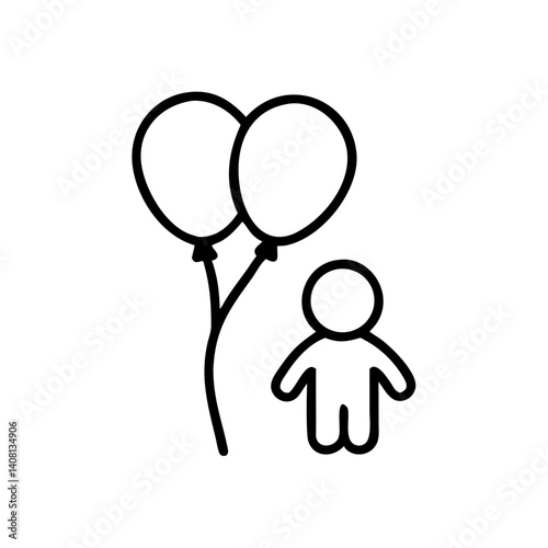 A child's joyful anticipation beside two celebratory balloons, simply outlined in bold black against a white background.
