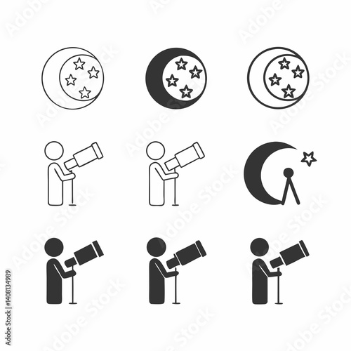 A curious astronomer gazes at the night sky, filled with stars and a crescent moon, using a telescope, in a set of simple, minimalist icons.