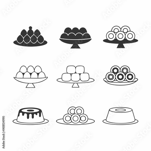A delightful collection of sweet treats elegantly displayed on plates, showcasing various shapes and arrangements in simple line art.