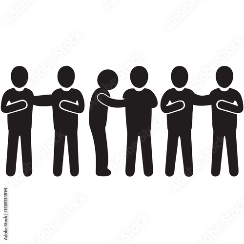 A compassionate person extending support and understanding to someone in need, surrounded by a community offering silent solidarity in bold black silhouettes against a clean white background.