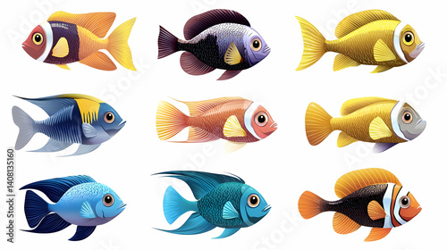 A Collection Of Nine Pixel Art Fish On A White Background Showcasing Vibrant Colors And Retro Design