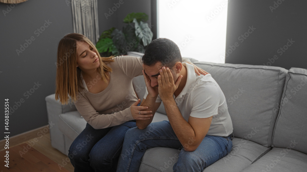 Woman comforting distraught man on couch in cozy living room showcasing emotional support and love indoors with a serene ambiance Woman comforting distraught man on couch in cozy living room showcasing emotional support and love indoors with a serene ambiance