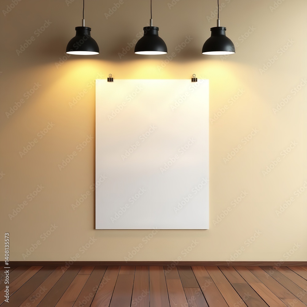Blank canvas poster mock up in a minimalist room with warm lighting and wooden floors perfect for