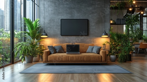 Modern Living Room Interior Design with Tan Sofa Laptop Plants and City View