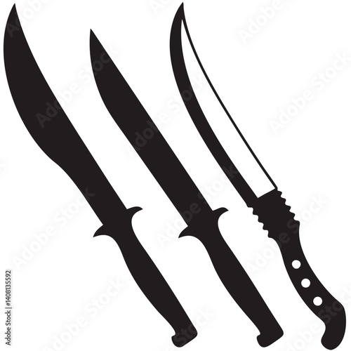 Three imposing blades, each a testament to skilled craftsmanship, stand in stark silhouette against a clean white background, exhibiting bold, graphic simplicity.