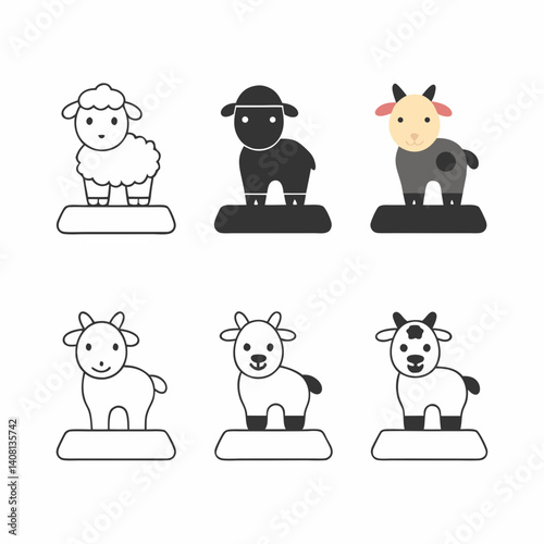 Adorable sheep and goat figurines in various styles, showcasing simple line art and solid color variations, perfect for children's illustrations or playful designs.