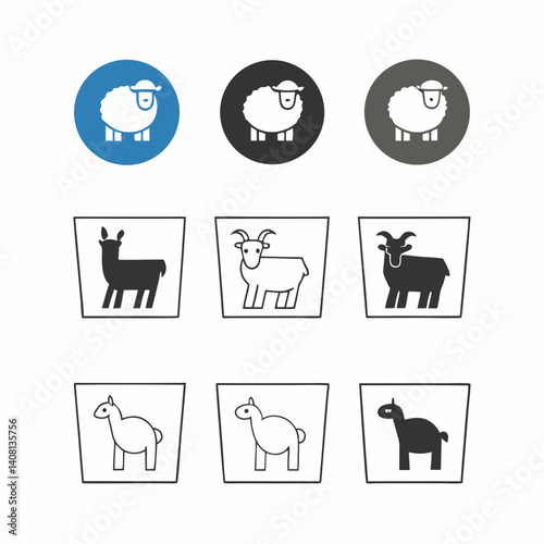 A charming collection of minimalist animal icons featuring sheep, goats, and llamas in a playful, graphic style with simple outlines and contrasting colors.