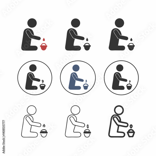 A child kneeling, attentively tending a small pot, a quiet moment of nurturing and care, shown in various simple line art styles.