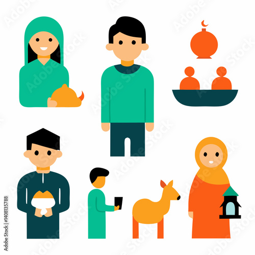 A cheerful Muslim family celebrating Eid al-Adha with vibrant colors and simple flat design.