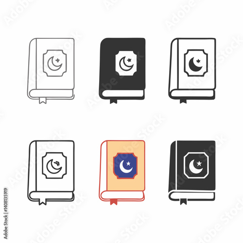 A sacred Quran book, a symbol of faith and guidance, shown in various styles – line art, solid color, and filled icons.