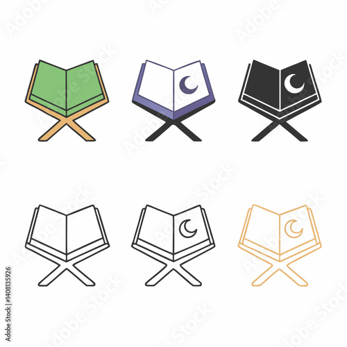 A sacred Quran on a stand, a symbol of faith and devotion, depicted in various colors and styles, simple yet elegant line art.