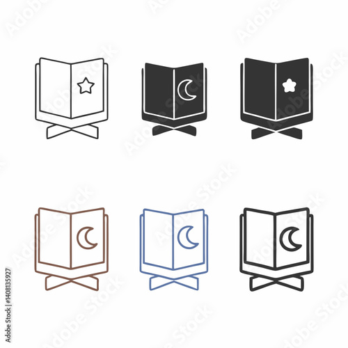 A sacred Quran on a stand, a symbol of faith and devotion, depicted in various elegant styles with simple line art and solid icons.