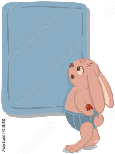 cute bunny standing holding easter egg and looking at sign with text