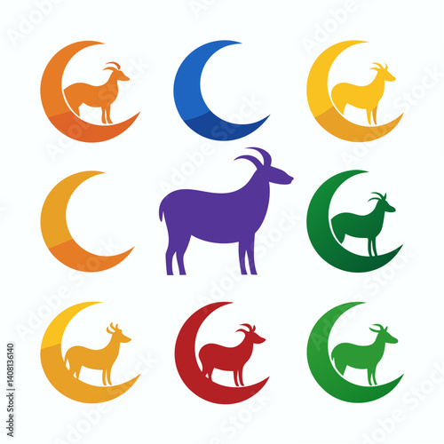 Colorful crescent moons gracefully cradling vibrant goats, symbolizing Eid al-Adha's festive spirit in a minimalist, symbolic design.