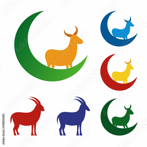Colorful goats and crescent moons celebrating Eid al-Adha, a vibrant and symbolic design.
