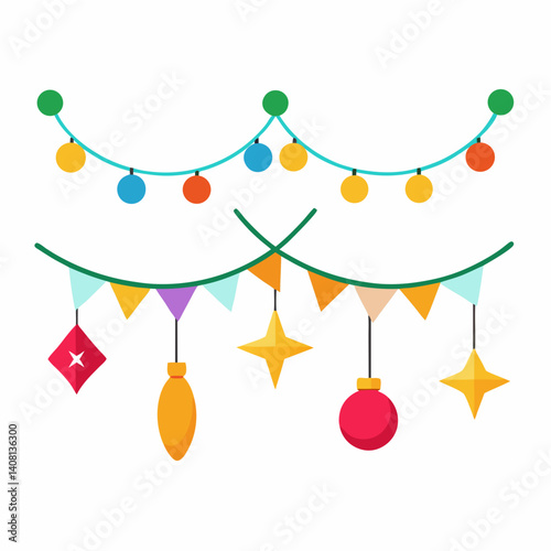 Festive holiday garlands overflowing with colorful lights, cheerful flags, and sparkling stars, creating a joyful celebration.
