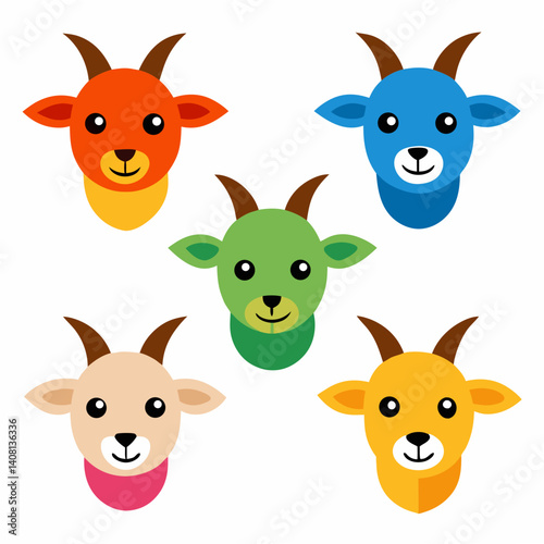 Five cheerful goat faces in vibrant colors, a playful collection of happy farm animals with simple bold shapes and bright hues.
