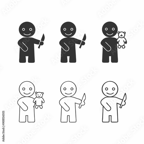Playful gingerbread figures, some holding knives, others teddy bears, present a curious contrast of innocence and potential danger in simple, bold black and white line art.