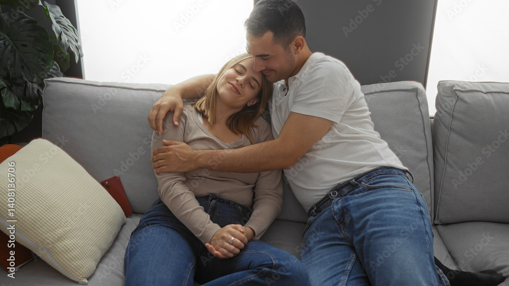 Hispanic couple relaxing together in a cozy living room at home, with a man embracing a woman on a comfortable sofa, showcasing warmth, love, and a peaceful relationship.