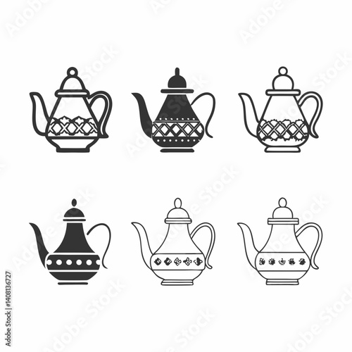 An elegant collection of ornate teapots, showcasing intricate patterns and classic shapes in a simple black and white design.