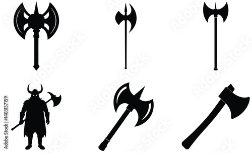 Axe Set Vector Silhouette in Black – Vintage and Battle Axe Vector Illustrations – including Bardiche, Halberd, Viking, Native American Ceremonial, Throwing And War Axe