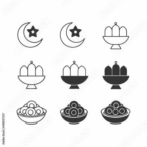 Ramadan Icons: Crescent moon, star, dates, and lanterns in elegant black and white line art and solid styles.